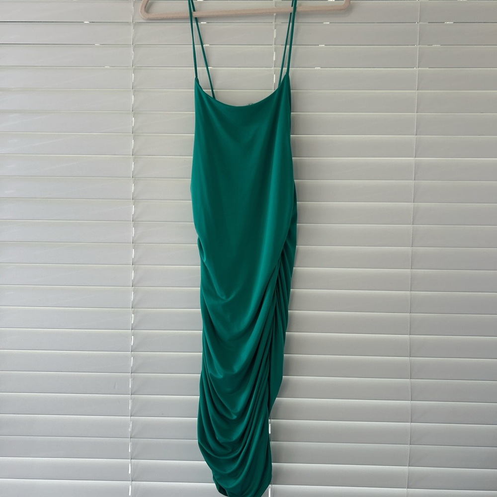 Gaze Green Ruched Slip Dress with Spaghetti Straps for Cocktail